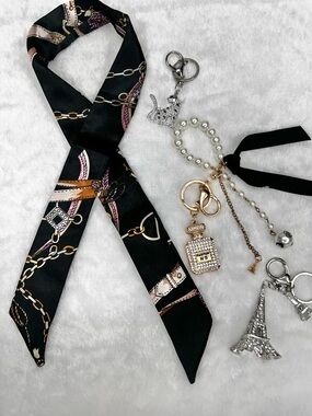 Parisian Charm & Twilly Scarf Set Pearl Perfume Eiffel Tower Bag Charm Bundle